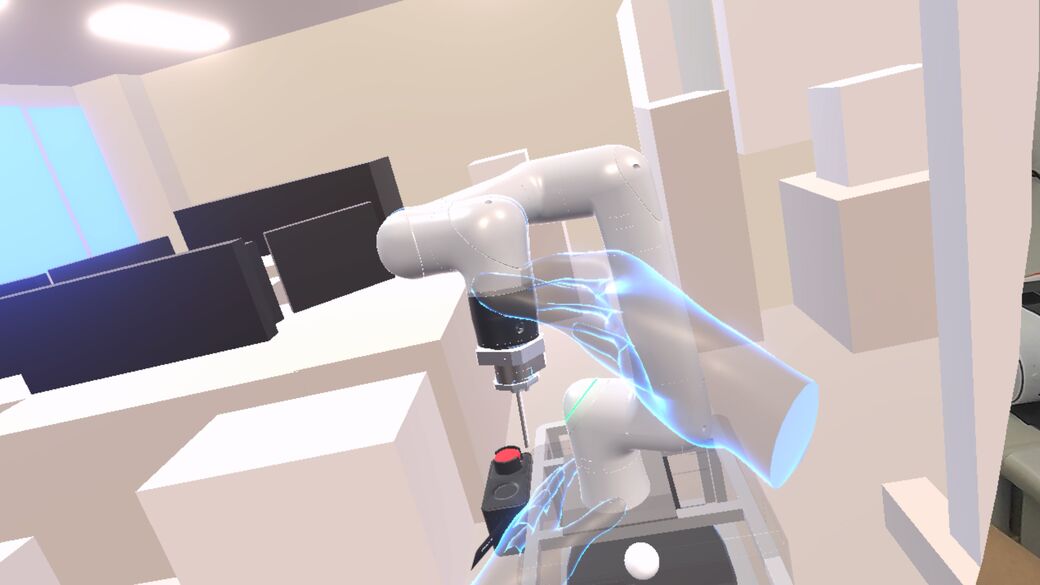 仮想空間に再現された遠隔地の部屋と直接触れるミニロボット (ユーザー視点)